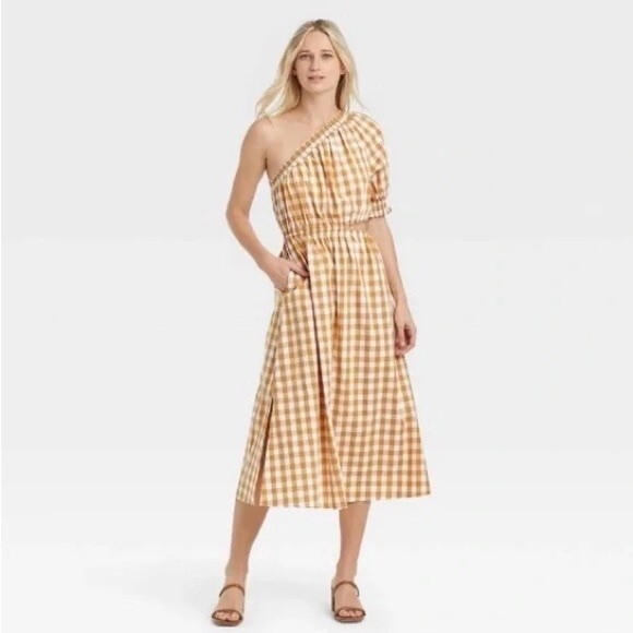NWT Who What Wear One-Shoulder Gingham Mustard Cut Out Dress 100% Cotton Size XL - Picture 1 of 9